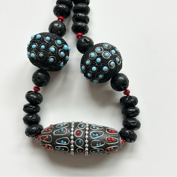 Statement Black Lava Bead Turquoise Coral Necklace - Picture 10 of 13